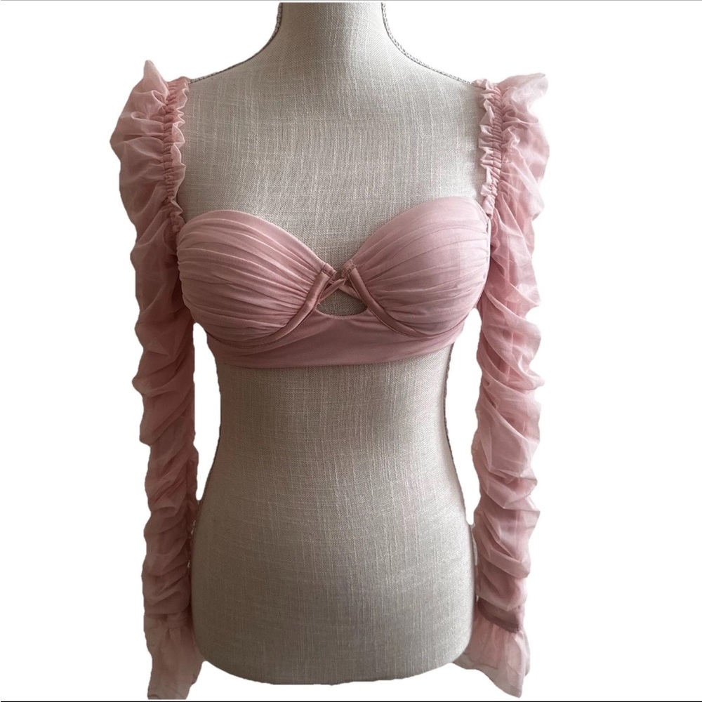 Oh Polly Blush Pink Bustier Off Shoulder Long Sleeve Ruched Blouse Crop Size 4
